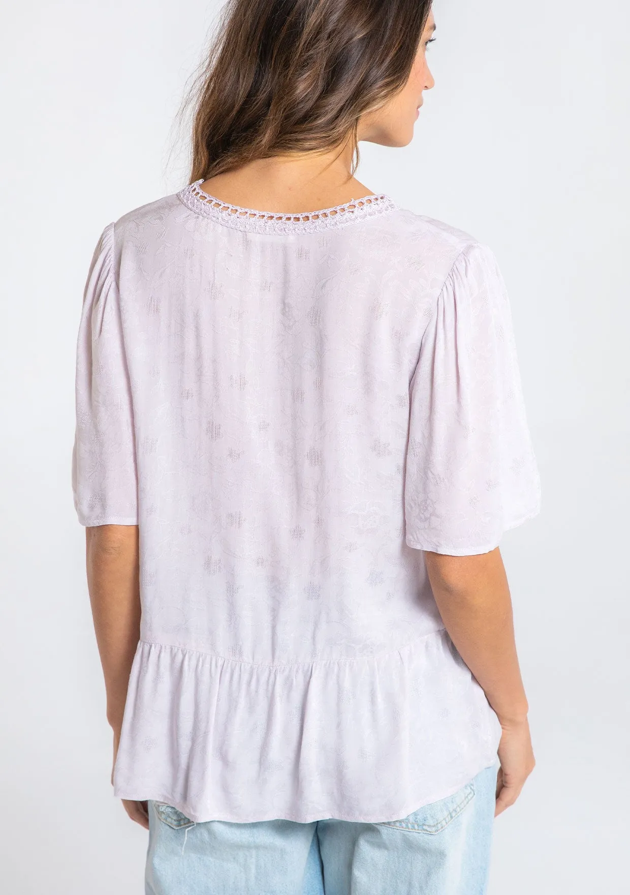 Floral Jacquard Airy Short Sleeve Peplum Blouse