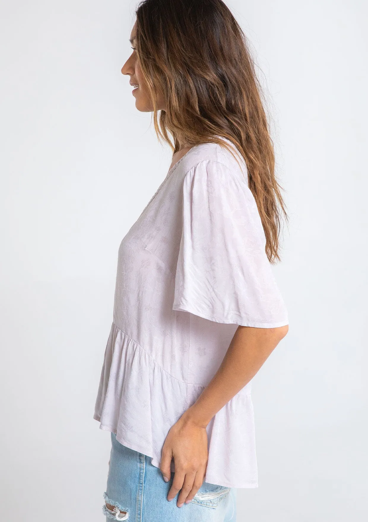 Floral Jacquard Airy Short Sleeve Peplum Blouse
