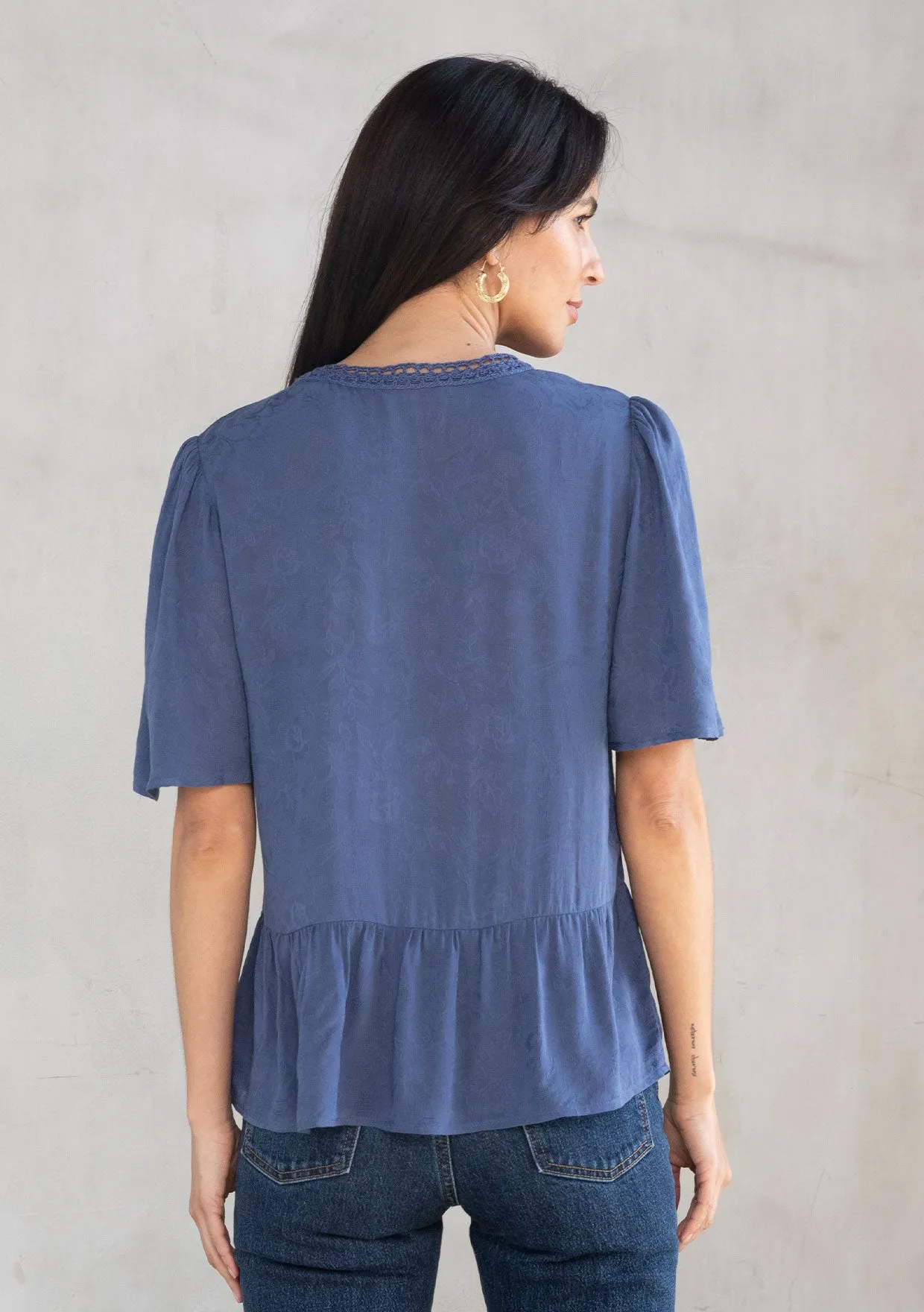 Floral Jacquard Airy Short Sleeve Peplum Blouse