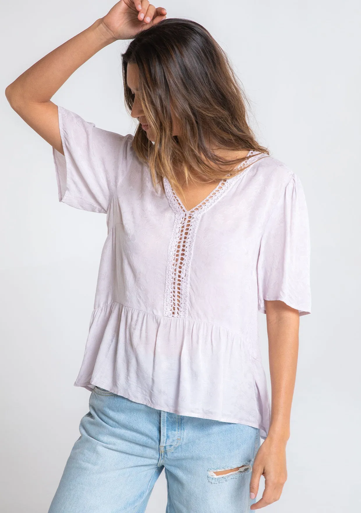 Floral Jacquard Airy Short Sleeve Peplum Blouse