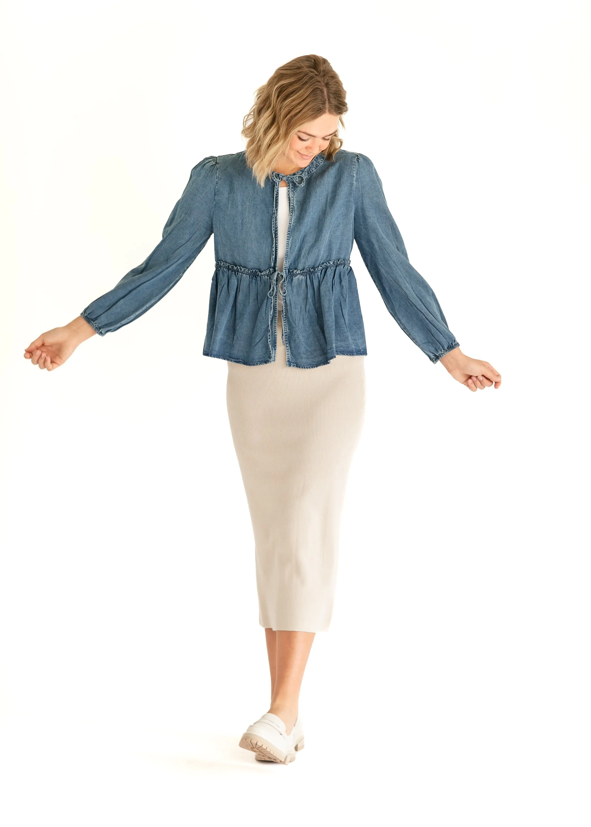 Front Tie Long Sleeve Chambray Top