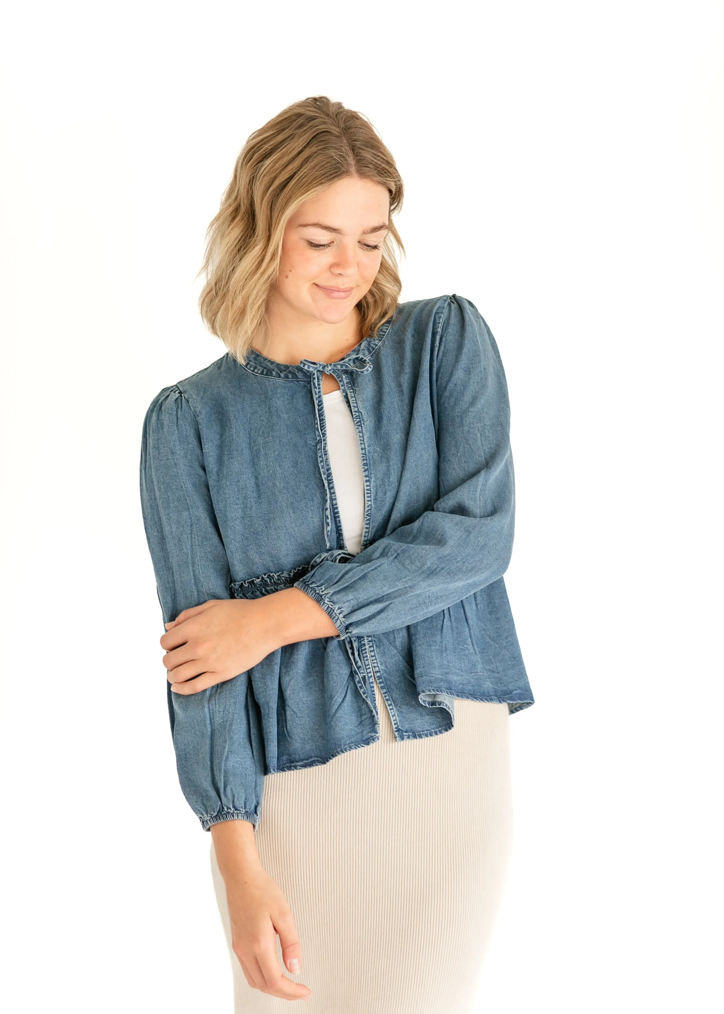 Front Tie Long Sleeve Chambray Top