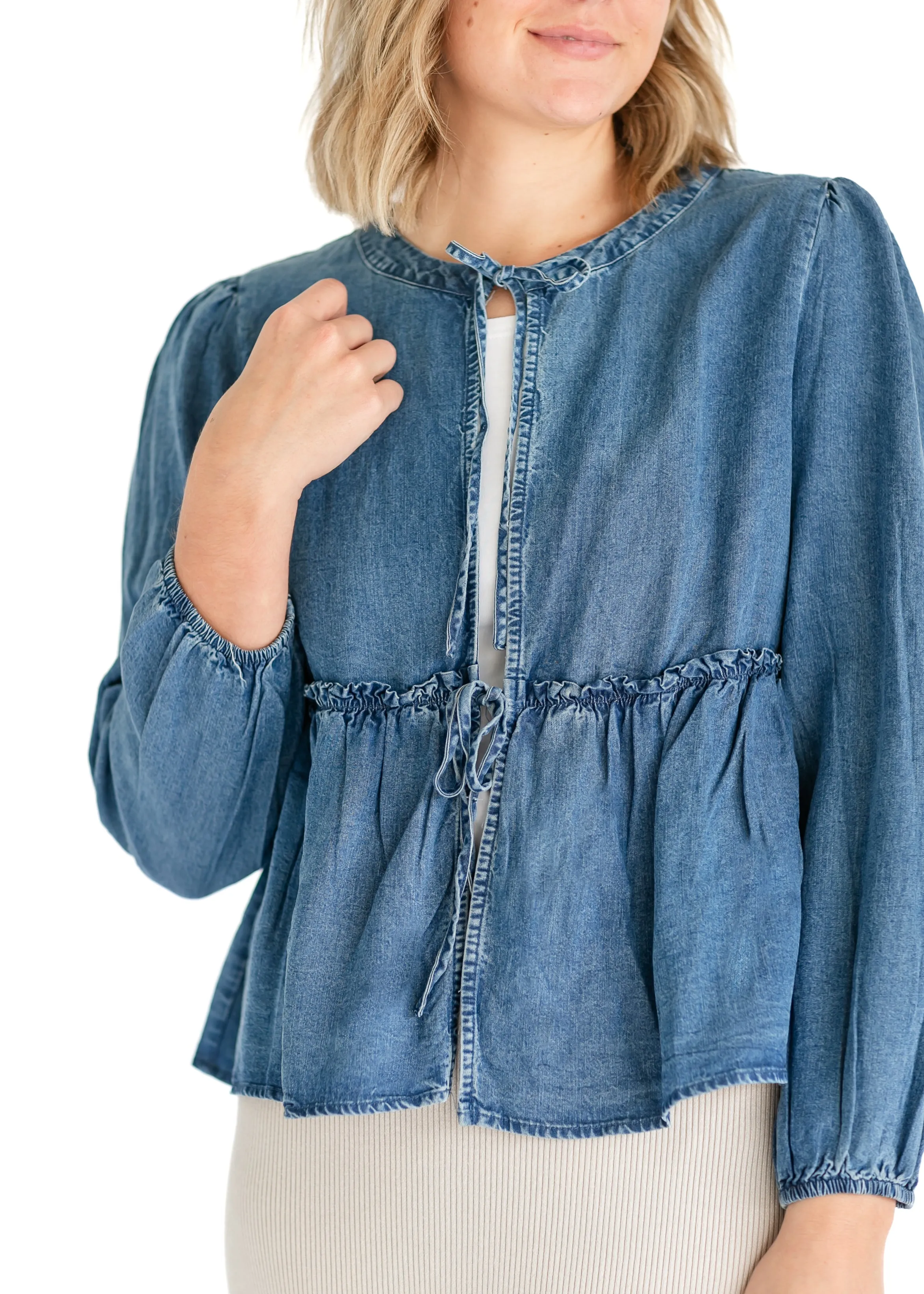 Front Tie Long Sleeve Chambray Top