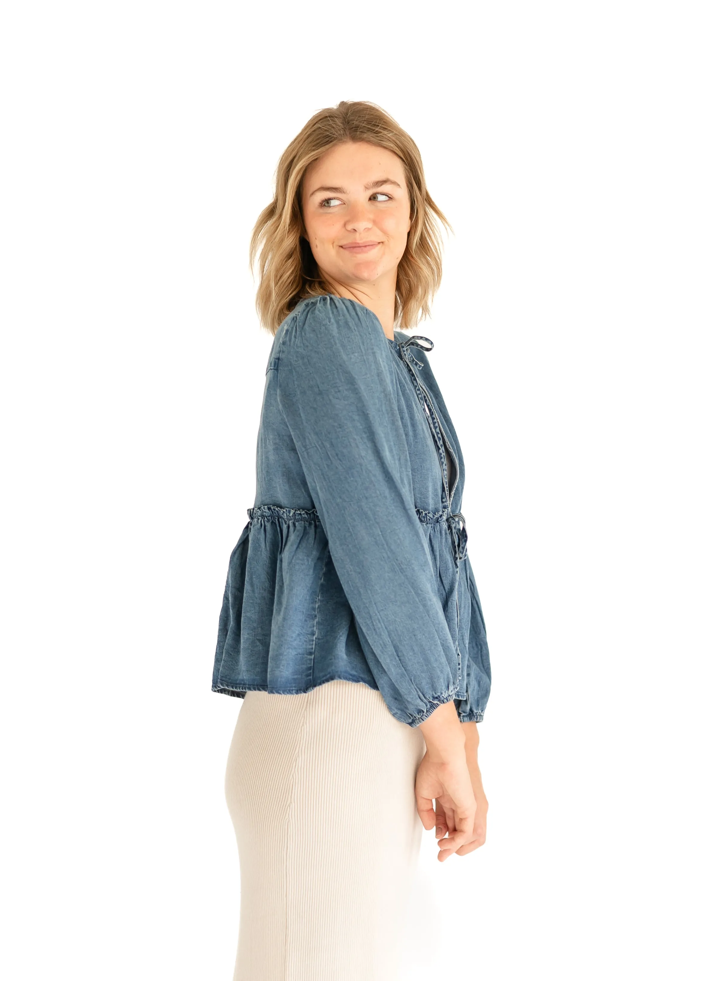Front Tie Long Sleeve Chambray Top