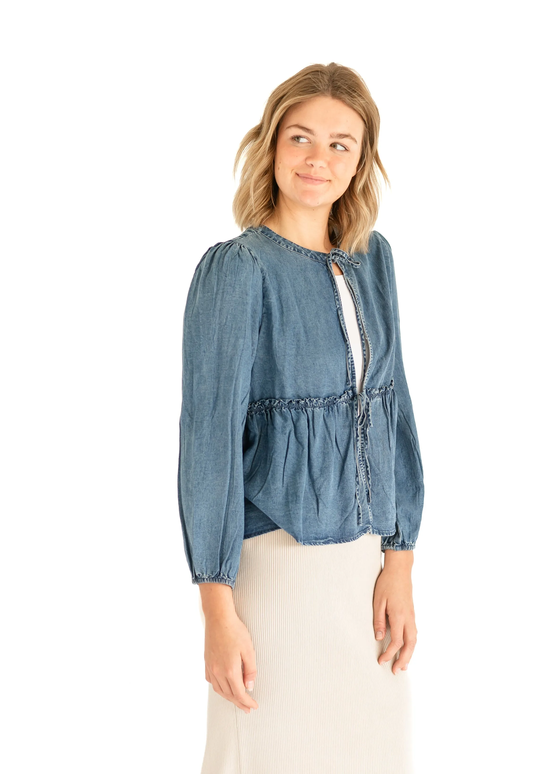 Front Tie Long Sleeve Chambray Top
