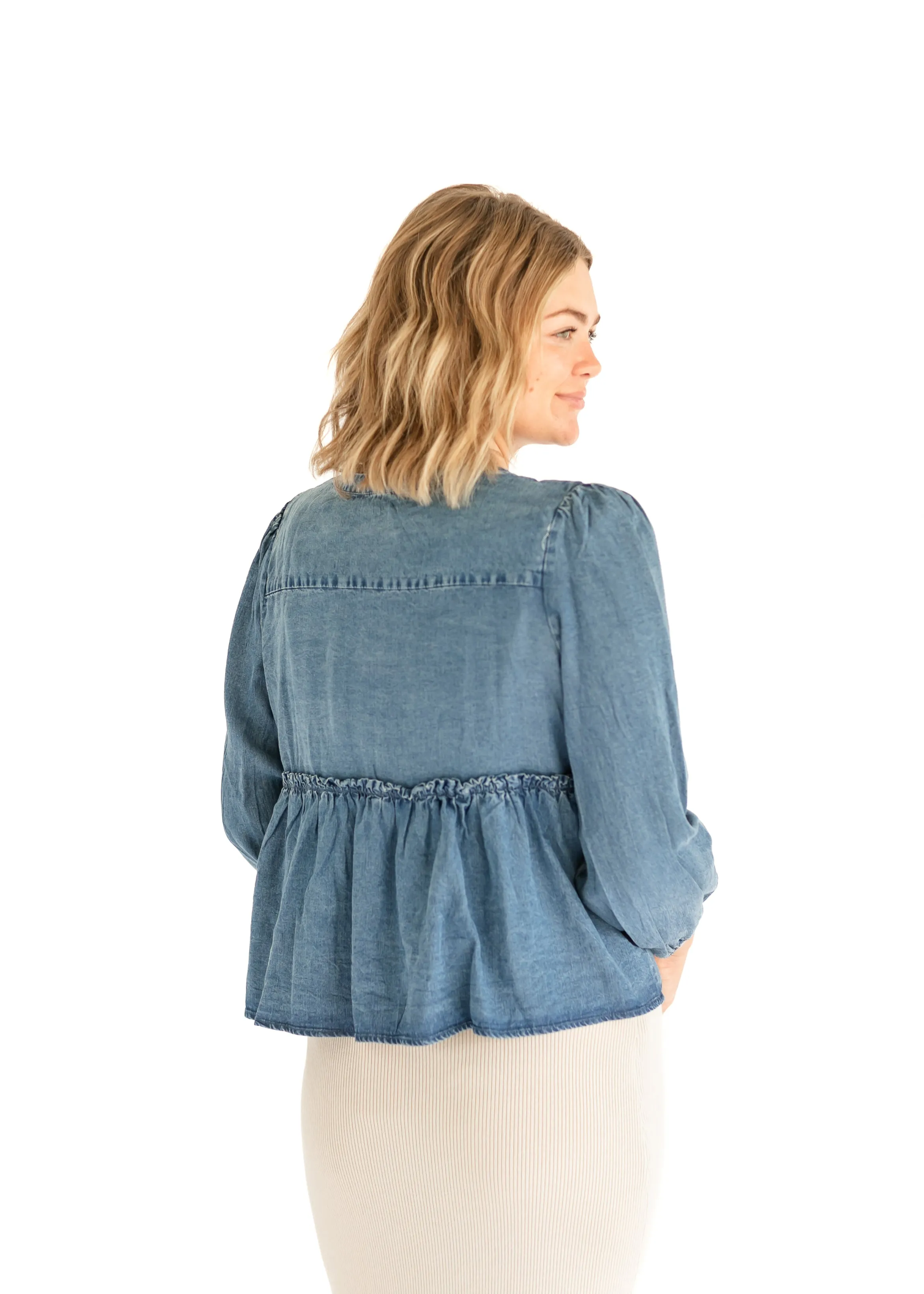 Front Tie Long Sleeve Chambray Top