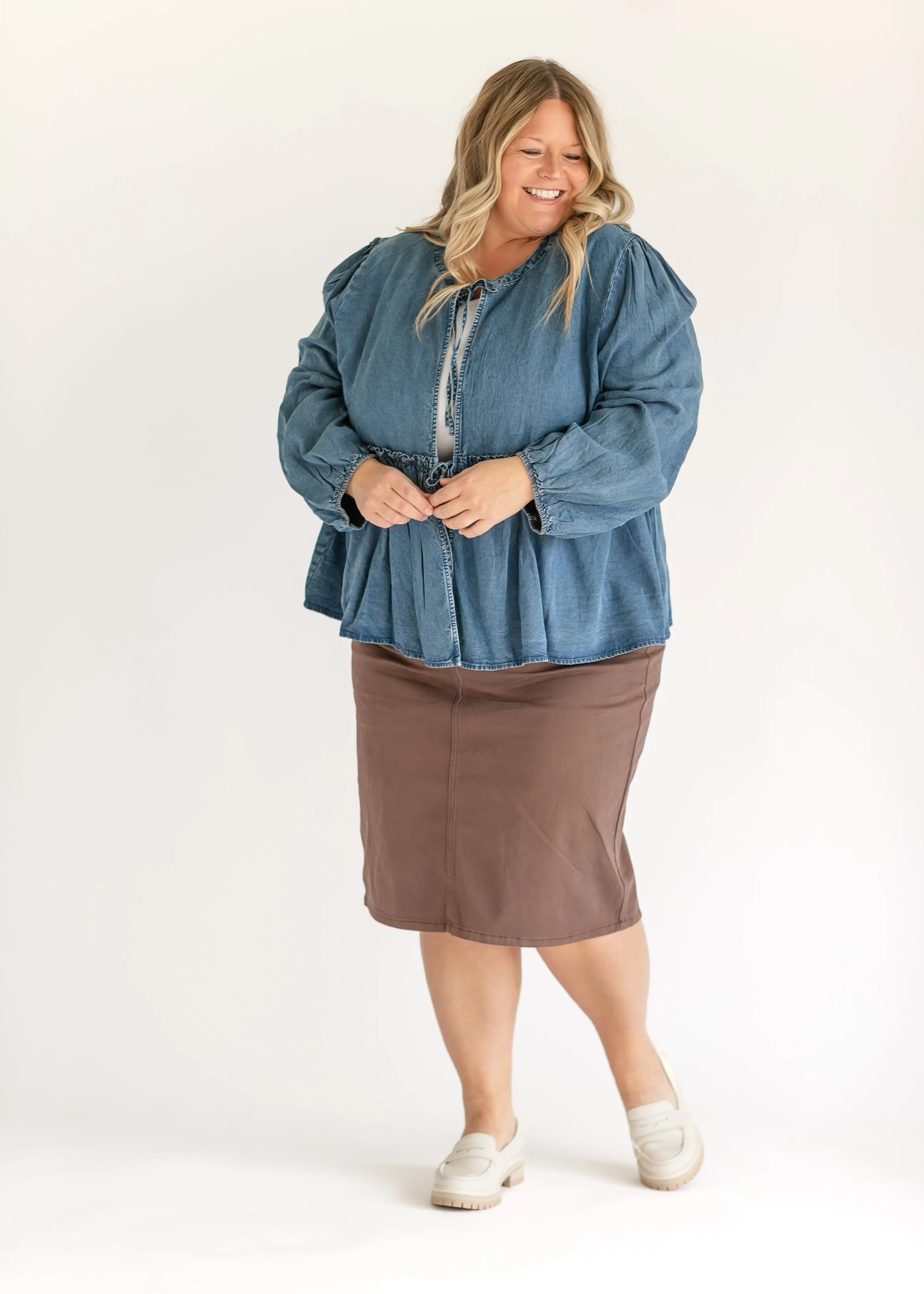 Front Tie Long Sleeve Chambray Top