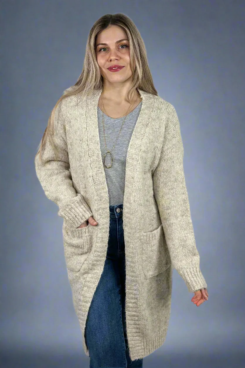 Fuzzy Yarn Long Cardigan - Beige