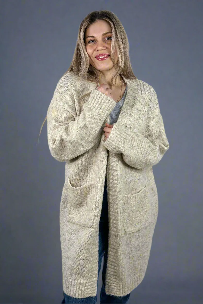 Fuzzy Yarn Long Cardigan - Beige
