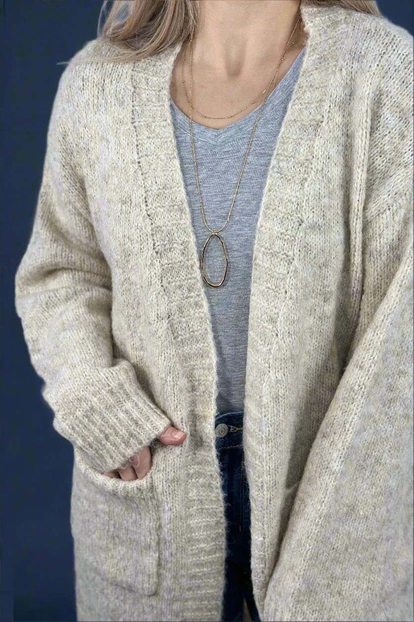 Fuzzy Yarn Long Cardigan - Beige