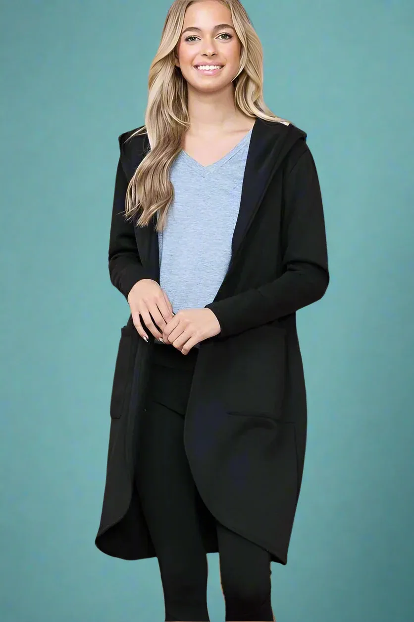 Hooded Open Cardigan Pockets Black
