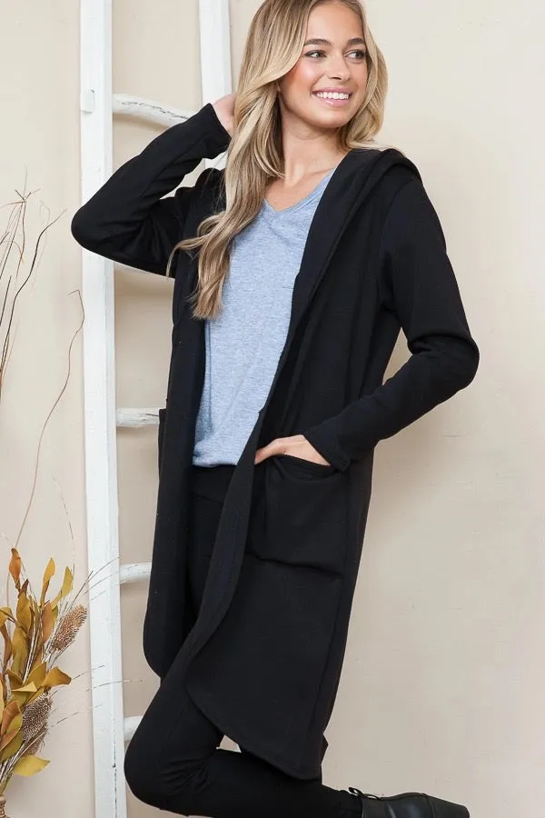Hooded Open Cardigan Pockets Black