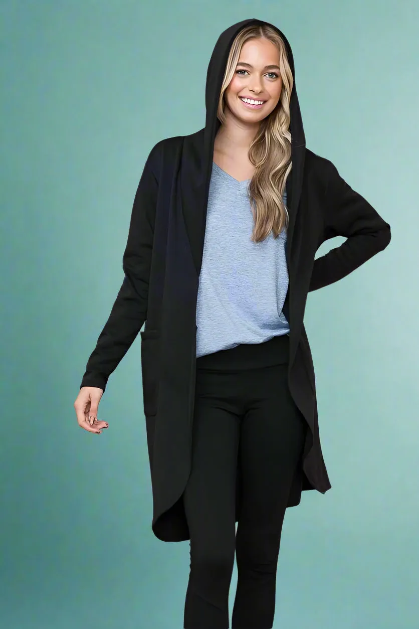 Hooded Open Cardigan Pockets Black