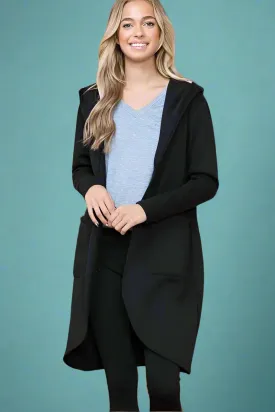 Hooded Open Cardigan Pockets Black