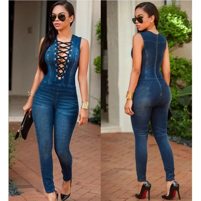 Lace-up Denim Rompers