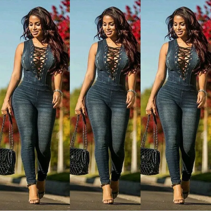 Lace-up Denim Rompers
