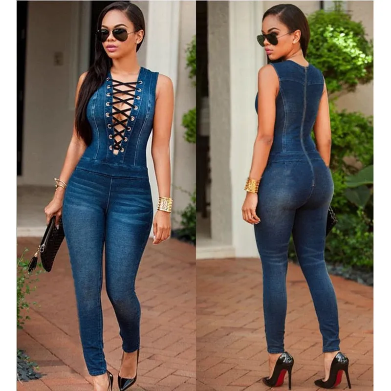 Lace-up Denim Rompers