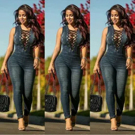 Lace-up Denim Rompers