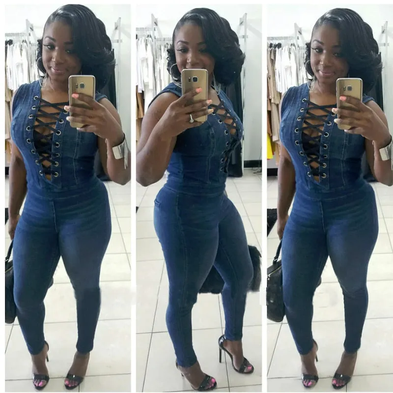 Lace-up Denim Rompers