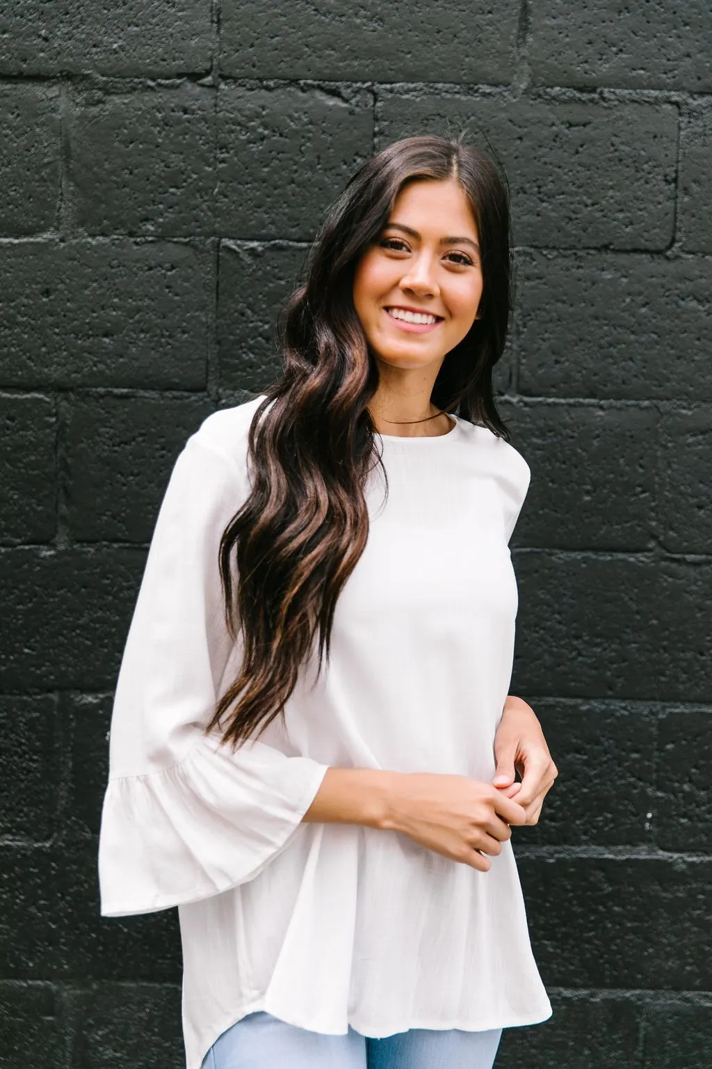 Linen-Like Trumpet Sleeve Blouse In White