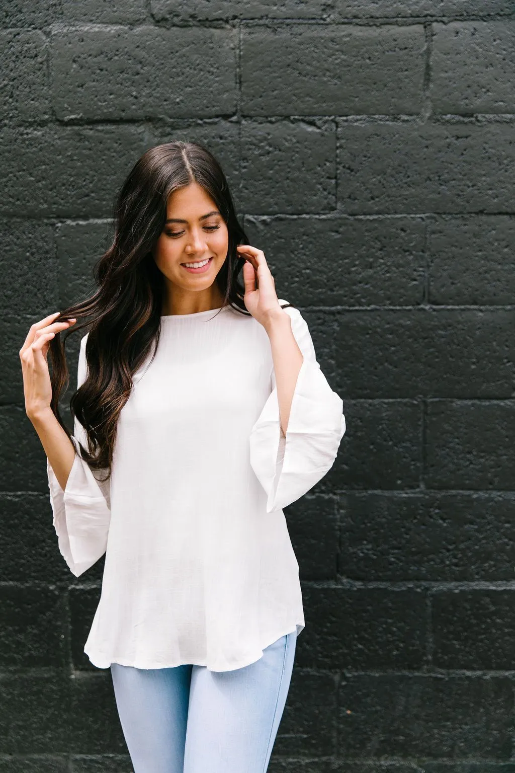 Linen-Like Trumpet Sleeve Blouse In White