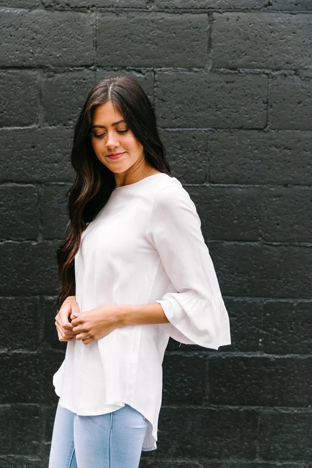 Linen-Like Trumpet Sleeve Blouse In White