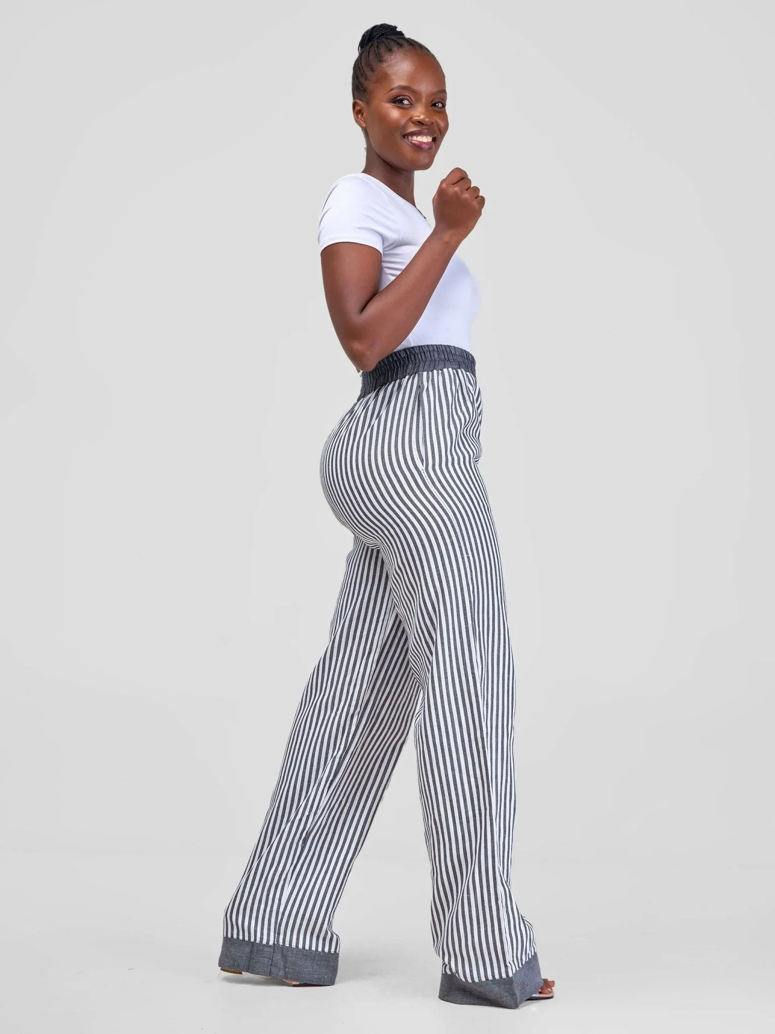 Liquid Lemn Wide Leg Striped (Mistari) Pants With Border - Grey