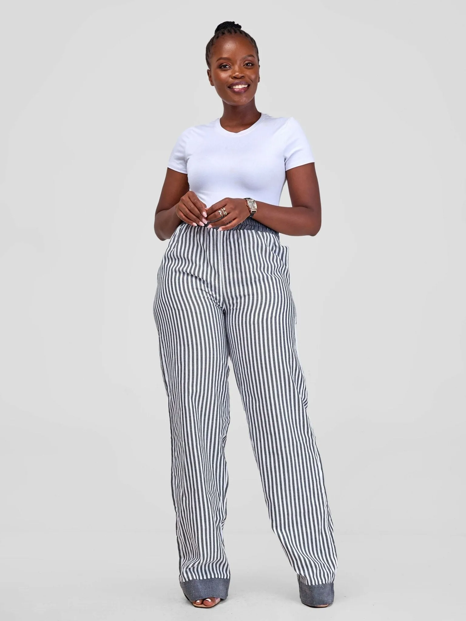 Liquid Lemn Wide Leg Striped (Mistari) Pants With Border - Grey