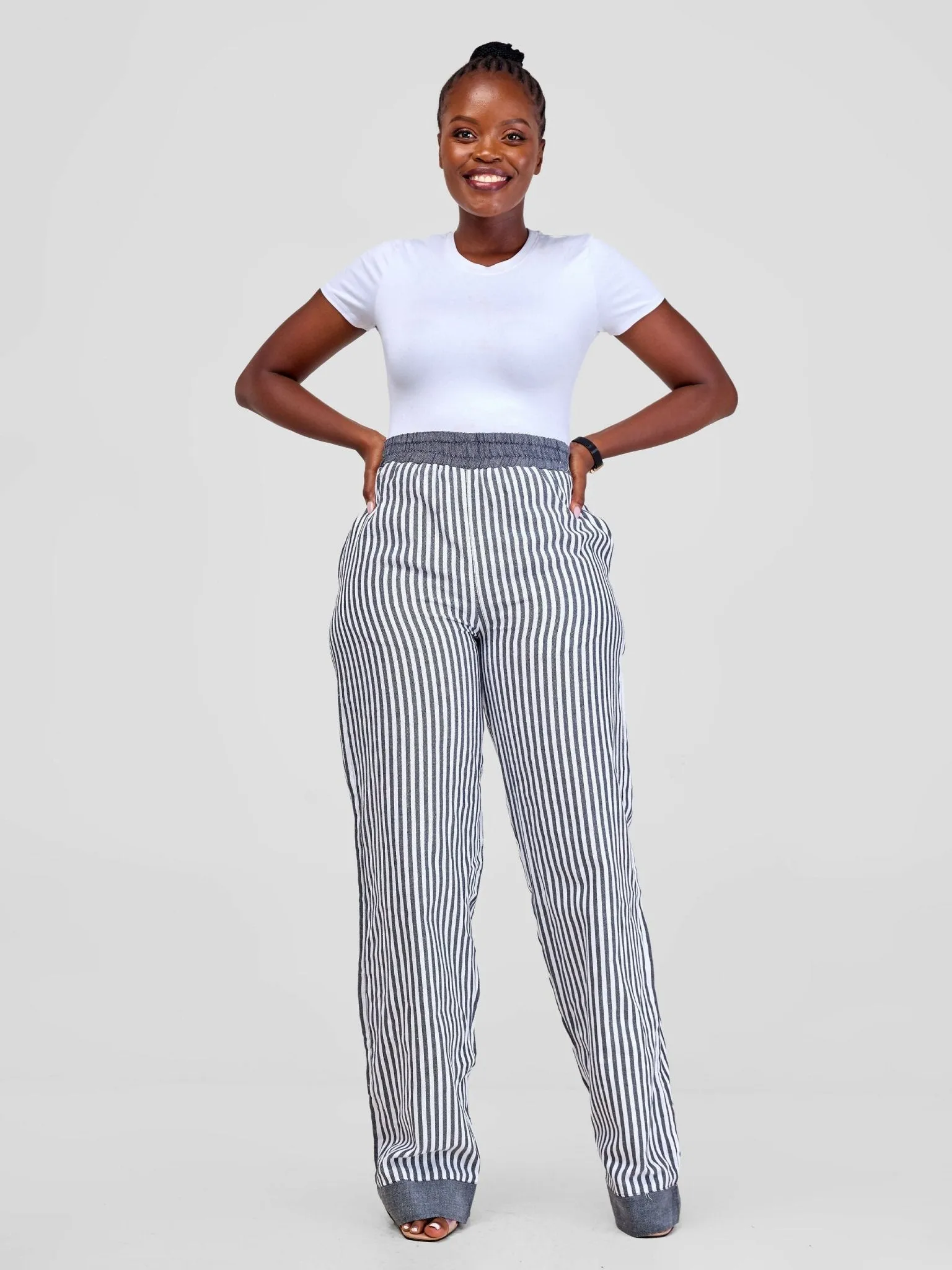 Liquid Lemn Wide Leg Striped (Mistari) Pants With Border - Grey