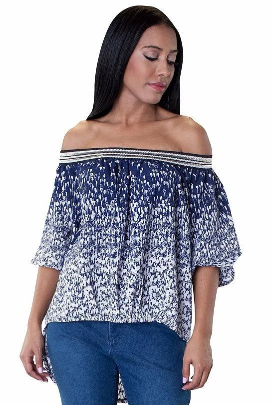 Off-shoulder High-low Print Top Blouse