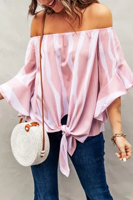 Off The Shoulder Pink White Vertical Stripes Blouse