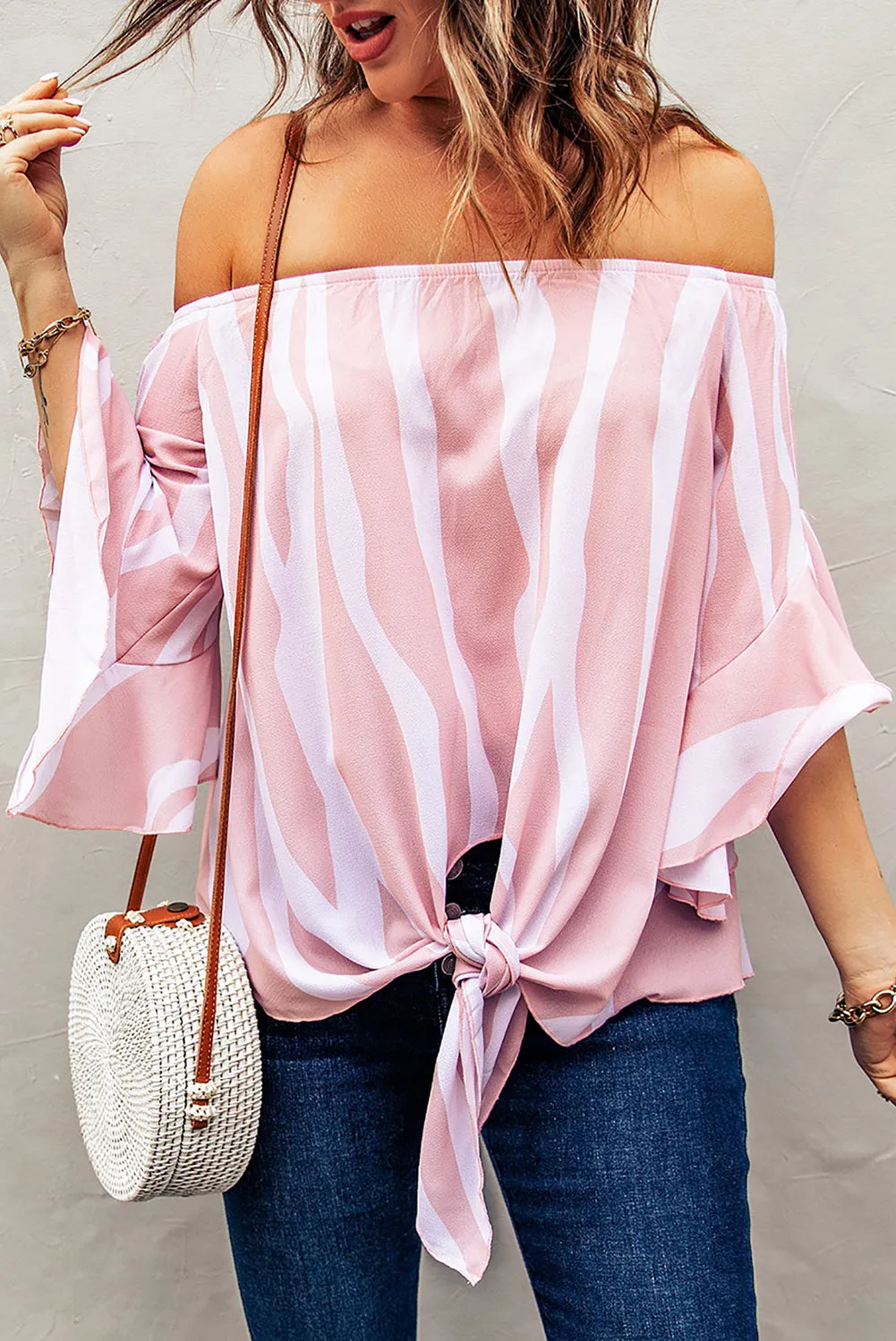Off The Shoulder Pink White Vertical Stripes Blouse
