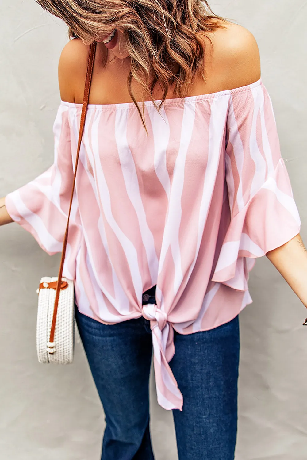 Off The Shoulder Pink White Vertical Stripes Blouse