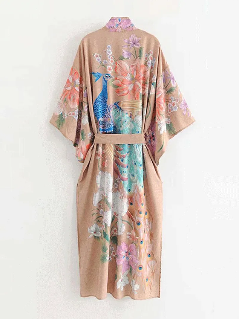 Partywear Cotton, Viscose & Silk Mix  Peacock King Floral & Bird Print Camel Color Long Length Gown Kimono Duster Robe