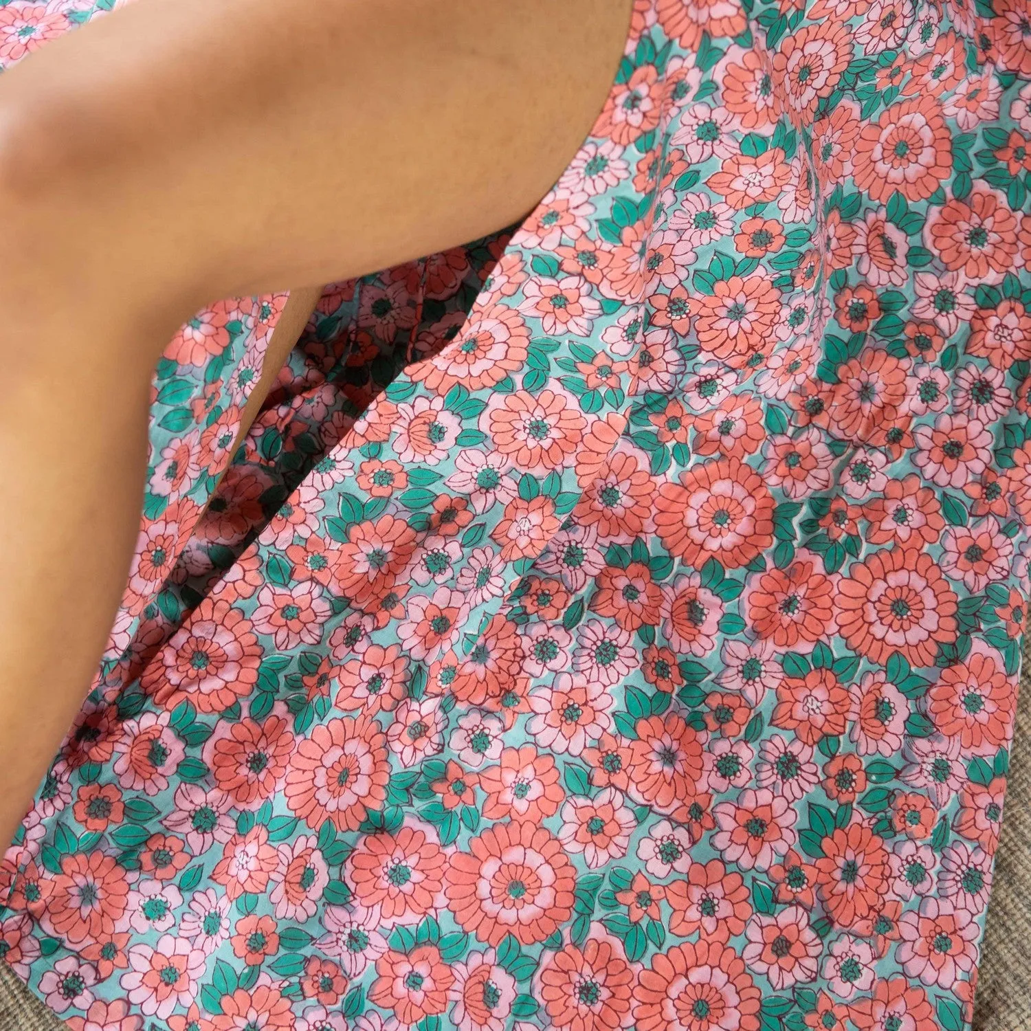 Peach and Green Daisy Handblock Printed Wrap Dress