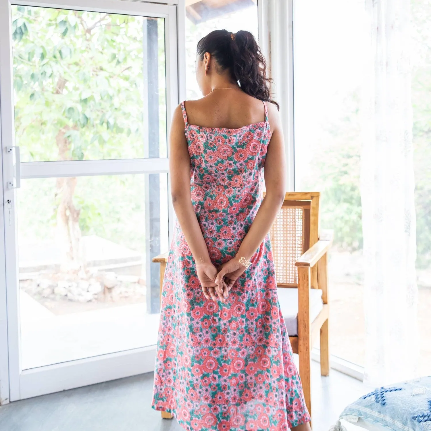 Peach and Green Daisy Handblock Printed Wrap Dress
