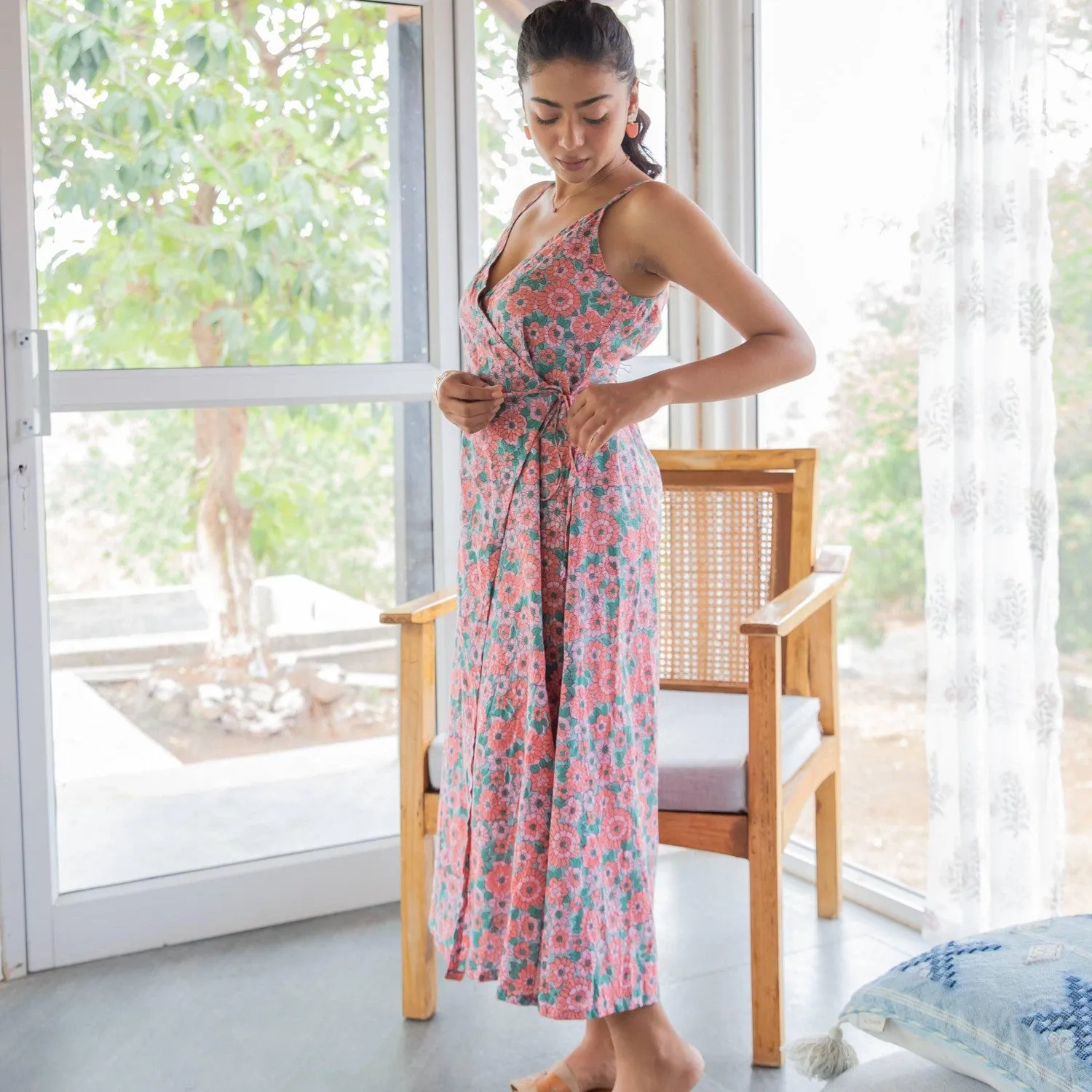 Peach and Green Daisy Handblock Printed Wrap Dress