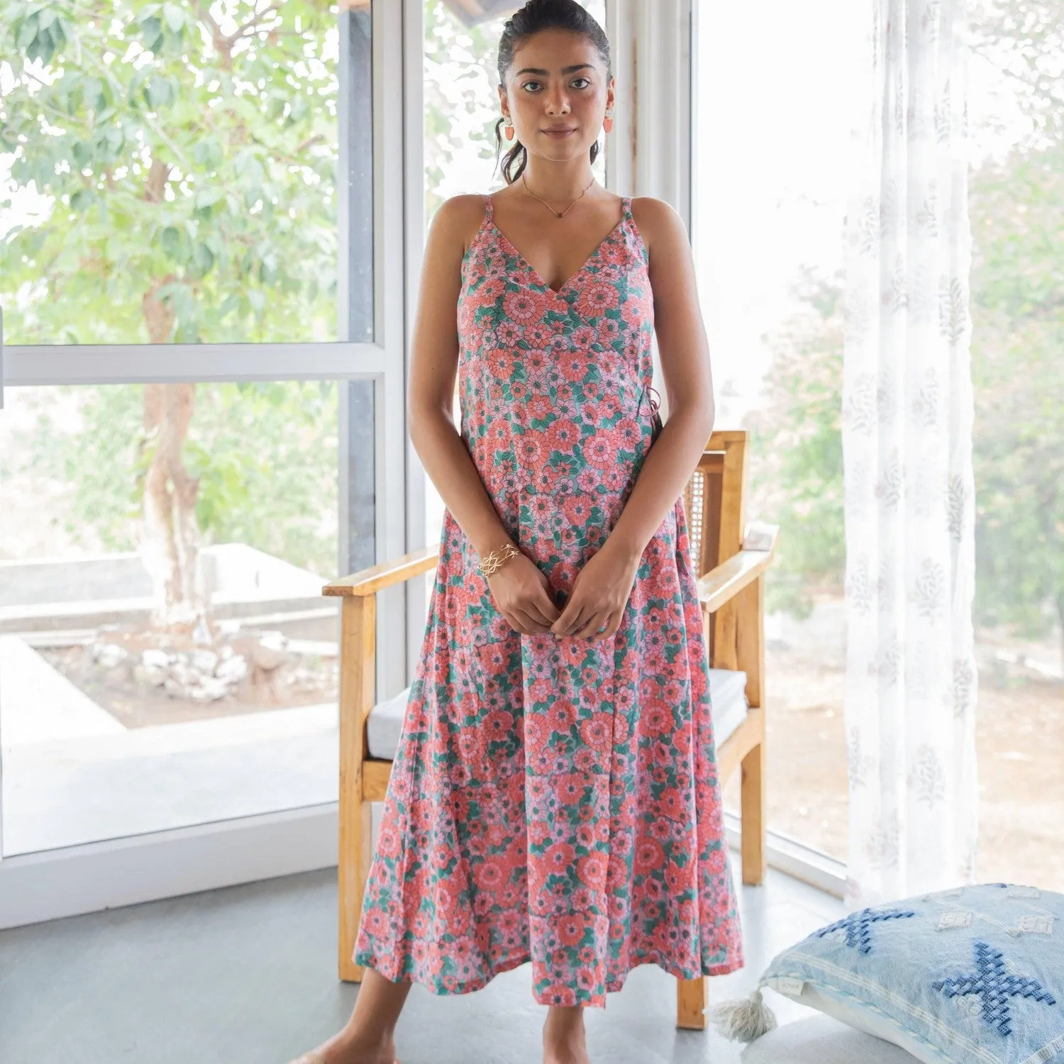 Peach and Green Daisy Handblock Printed Wrap Dress