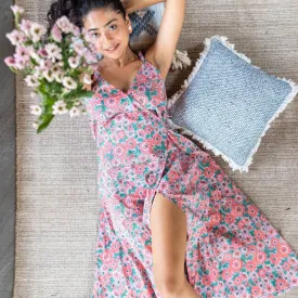 Peach and Green Daisy Handblock Printed Wrap Dress