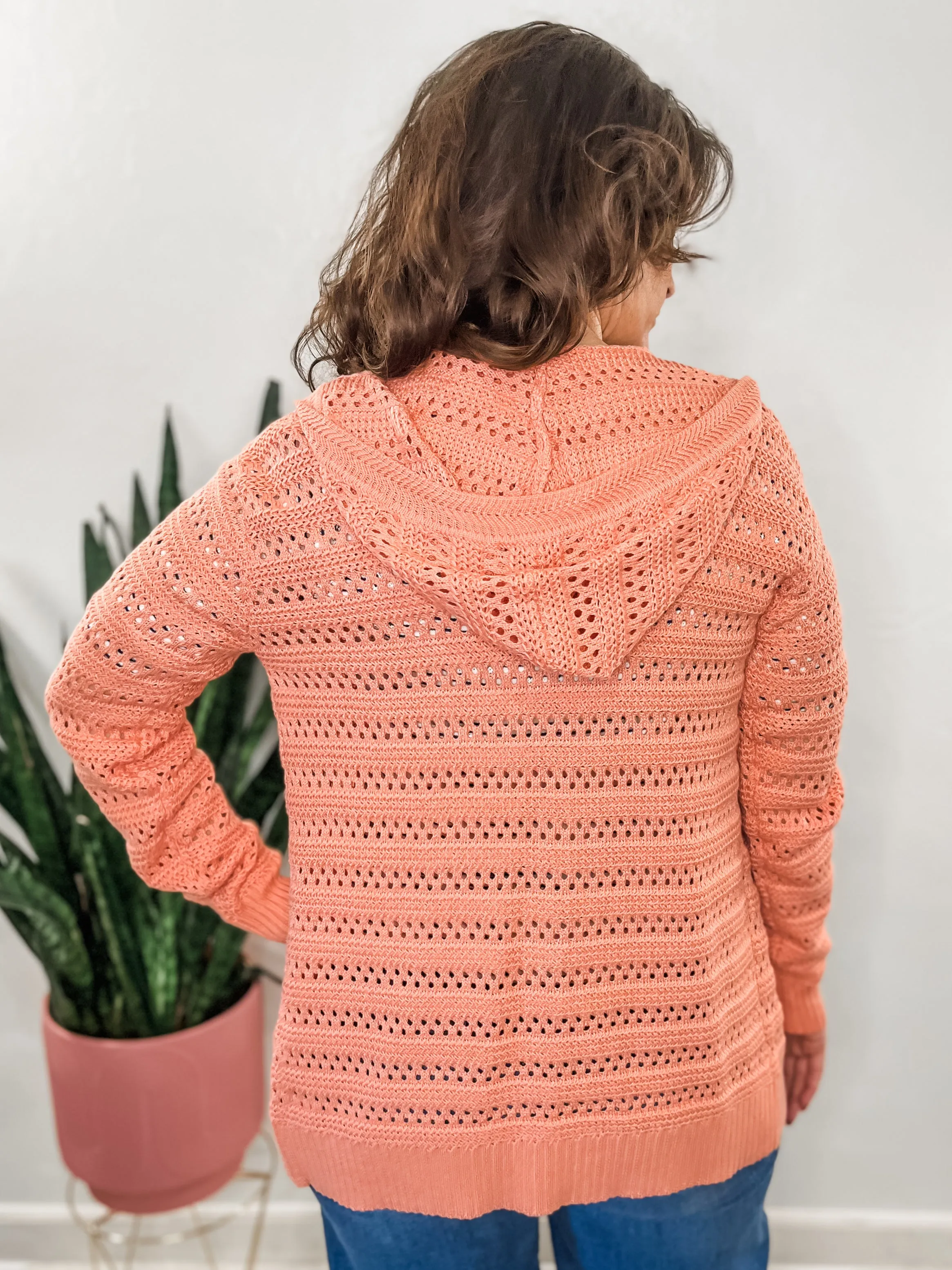 Peach Open Front Hooded Cardigan