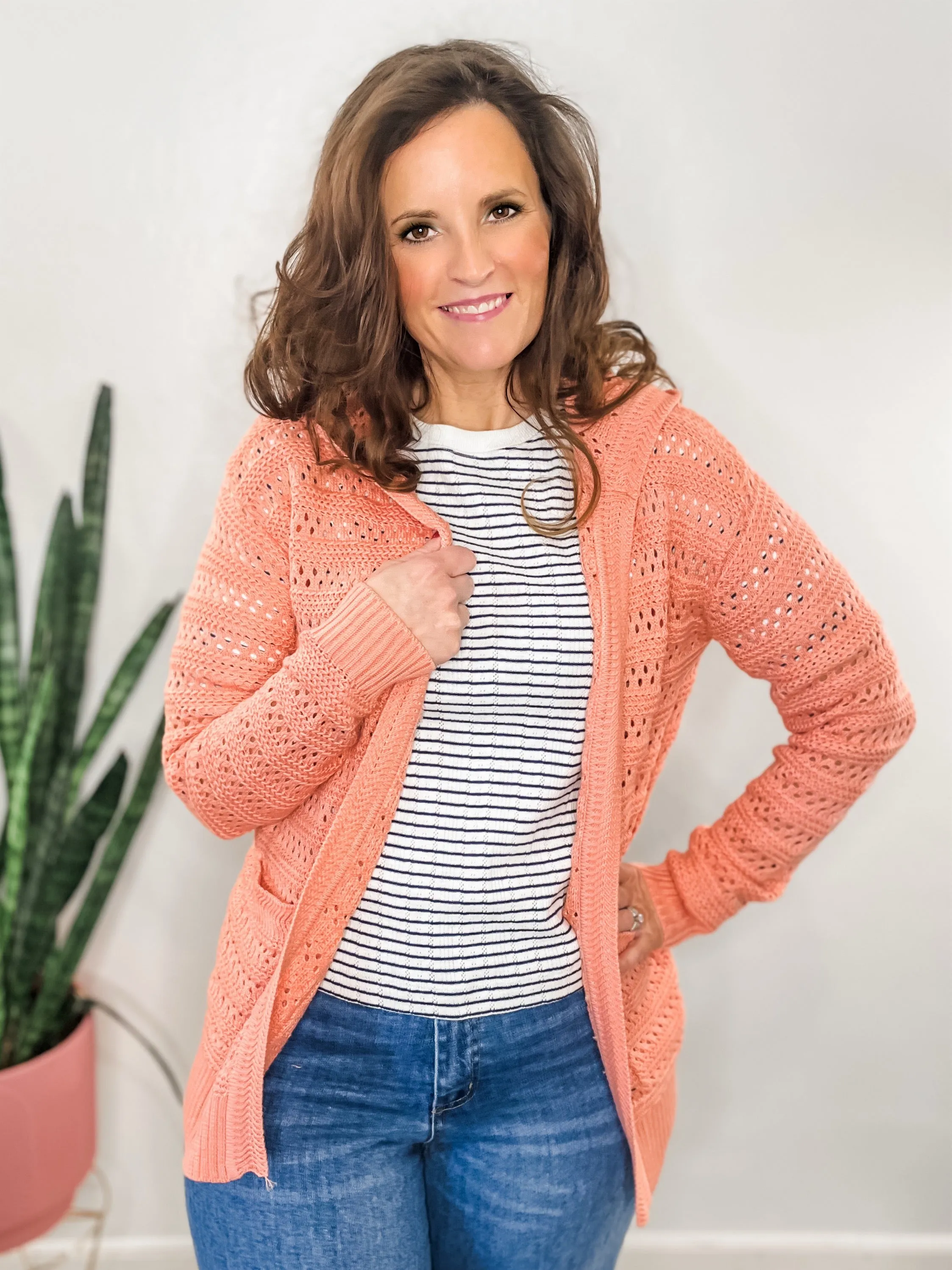 Peach Open Front Hooded Cardigan