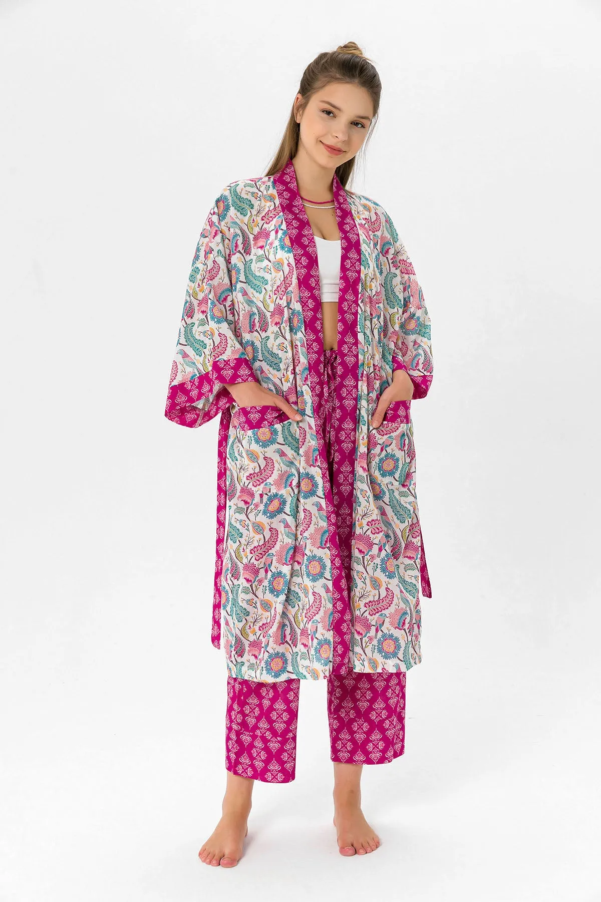 Pembe şal desenli Elissa Kimono