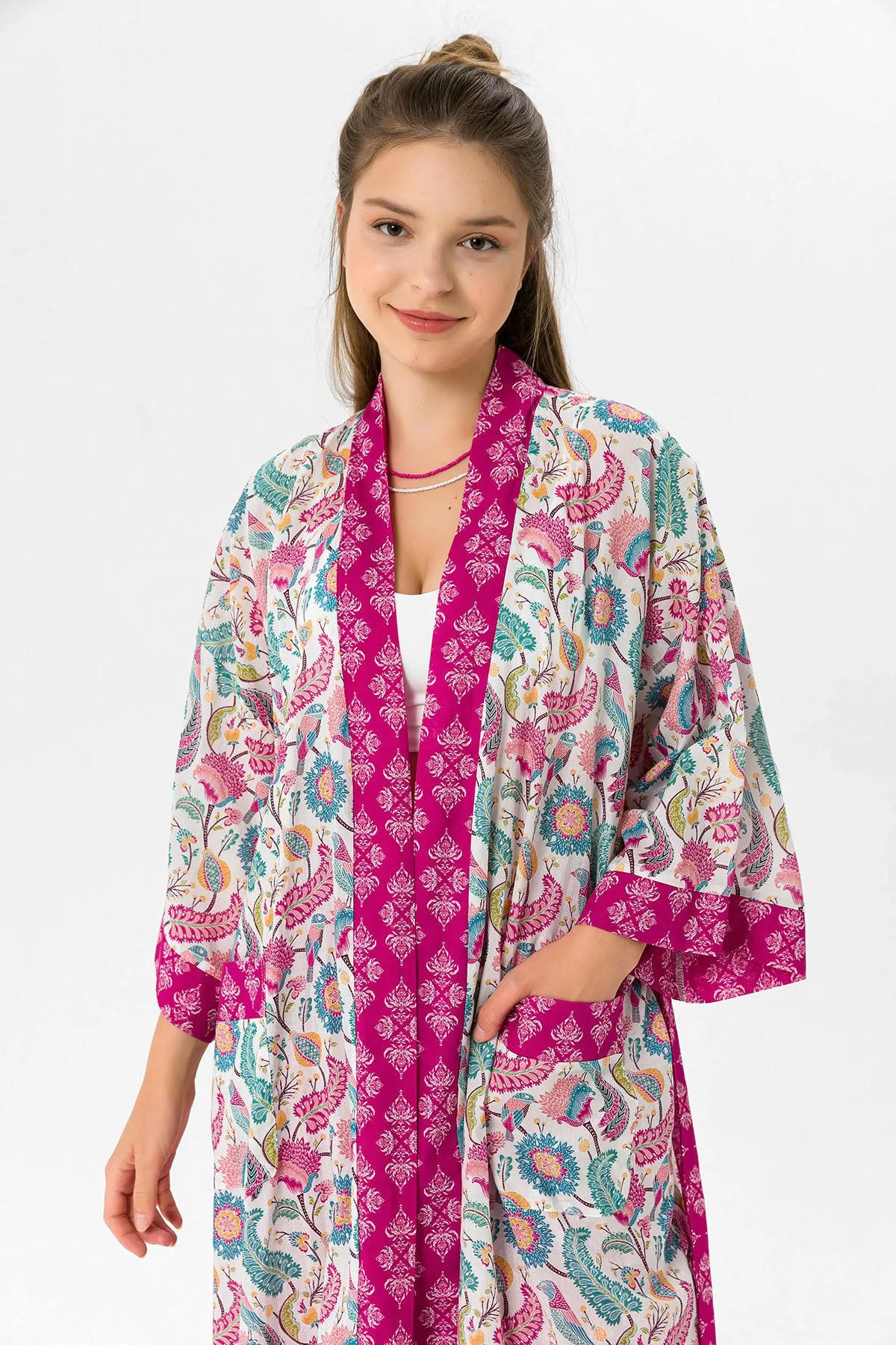Pembe şal desenli Elissa Kimono