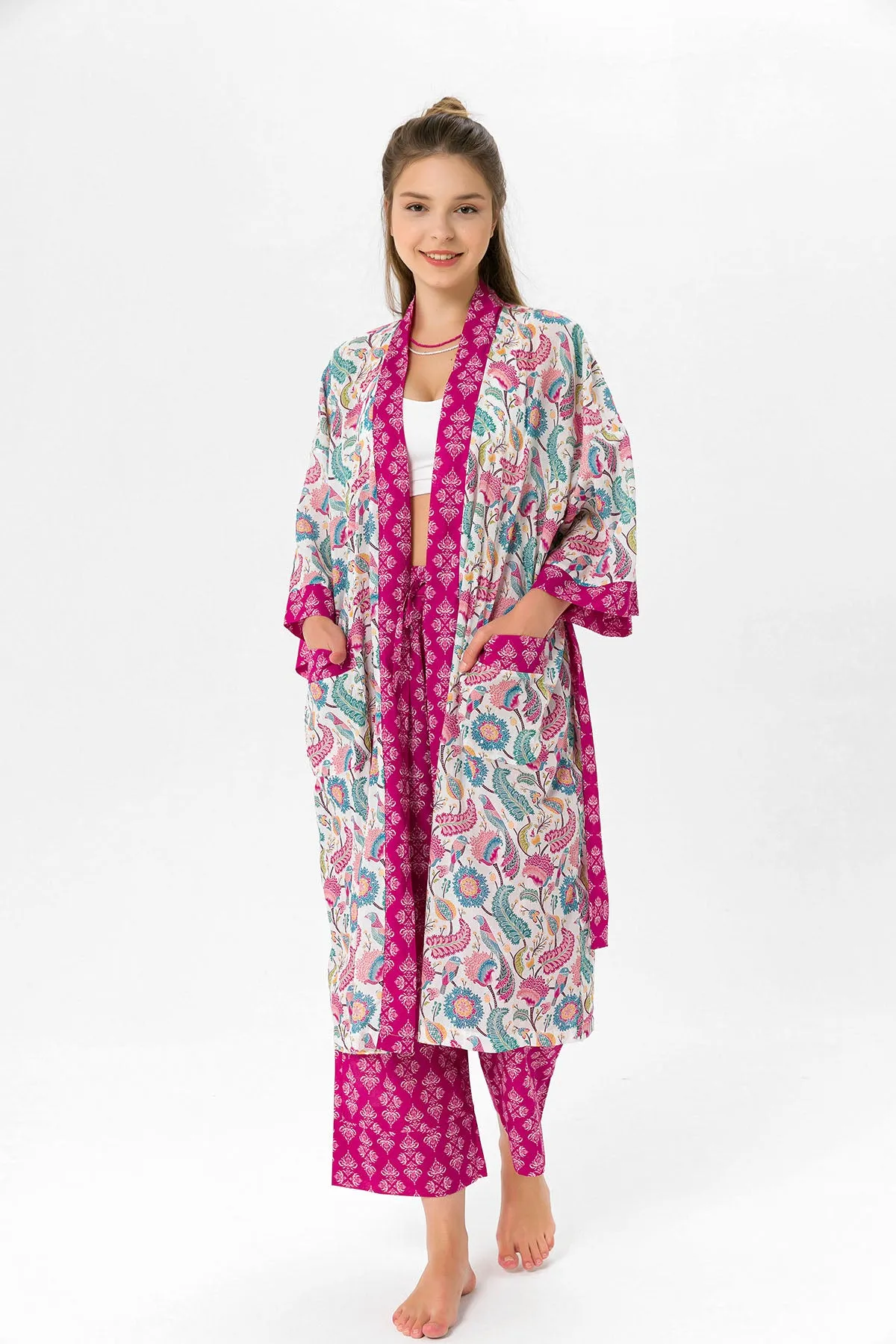 Pembe şal desenli Elissa Kimono