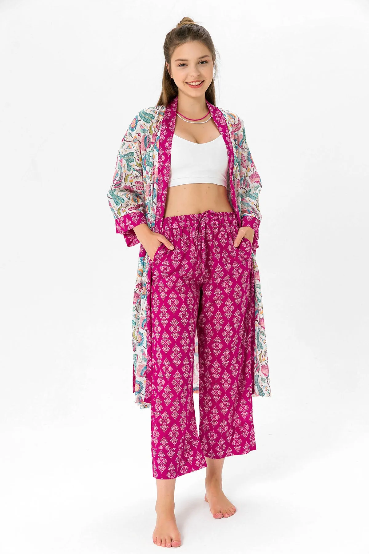 Pembe şal desenli Elissa Kimono