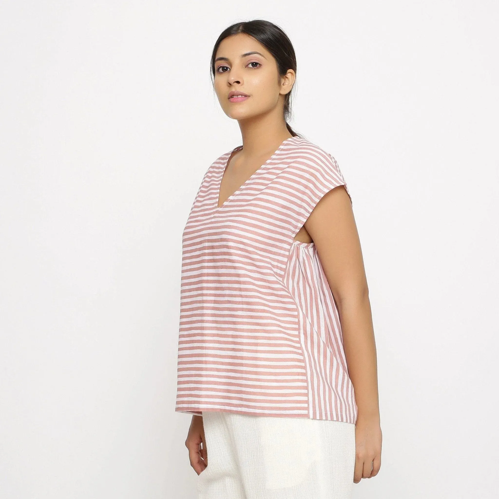 Pink and White Striped Hand Screen Print Cotton Gathered Top