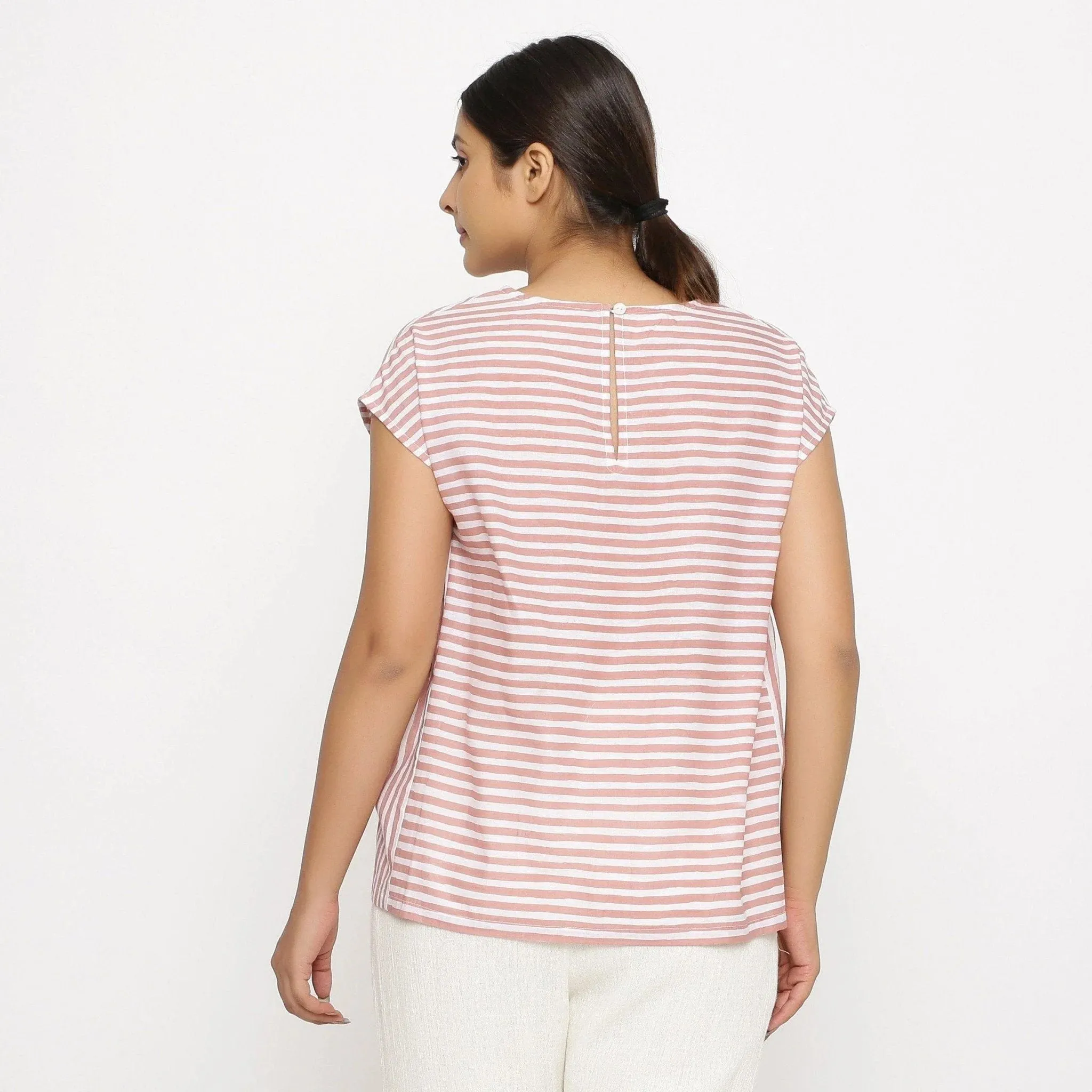 Pink and White Striped Hand Screen Print Cotton Gathered Top