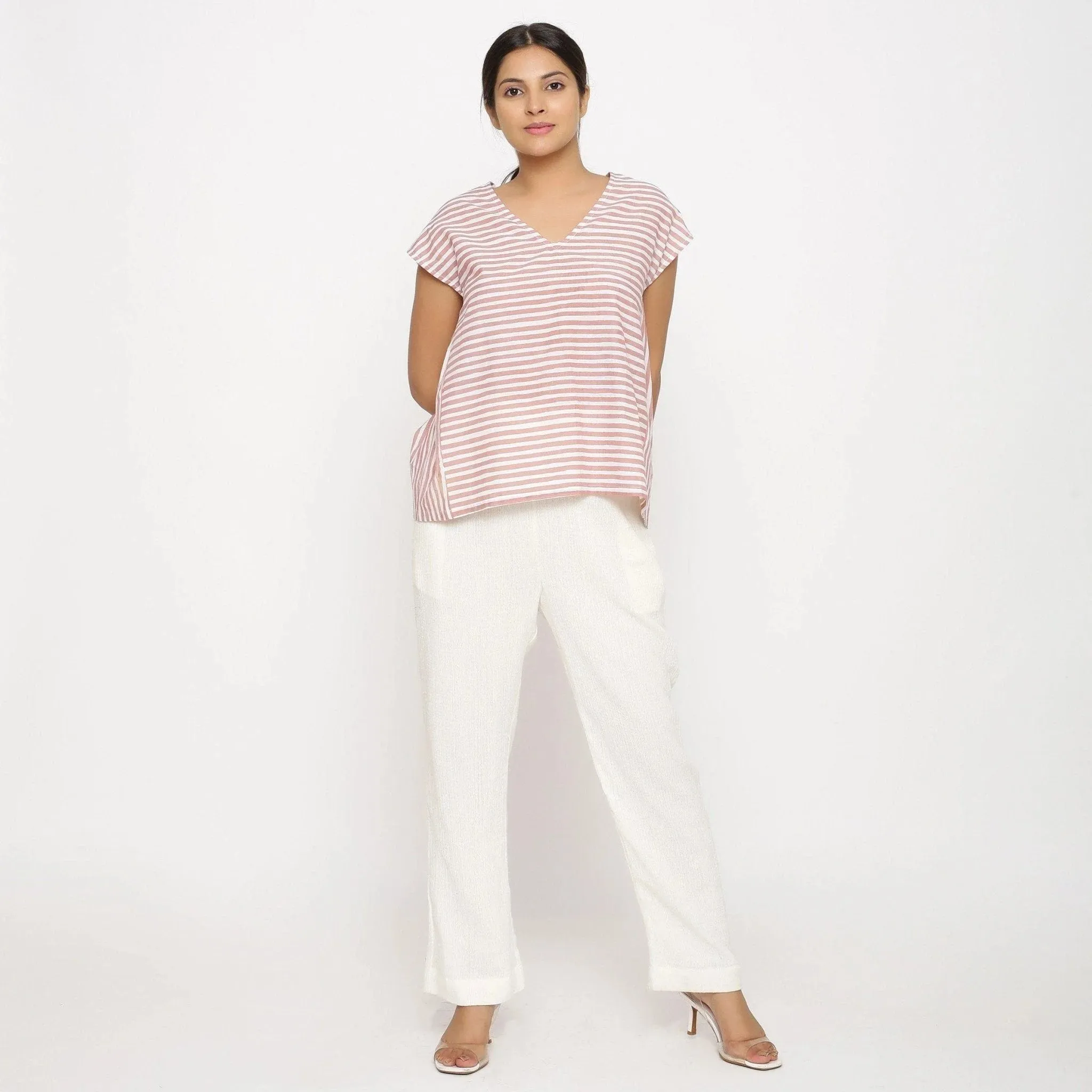 Pink and White Striped Hand Screen Print Cotton Gathered Top