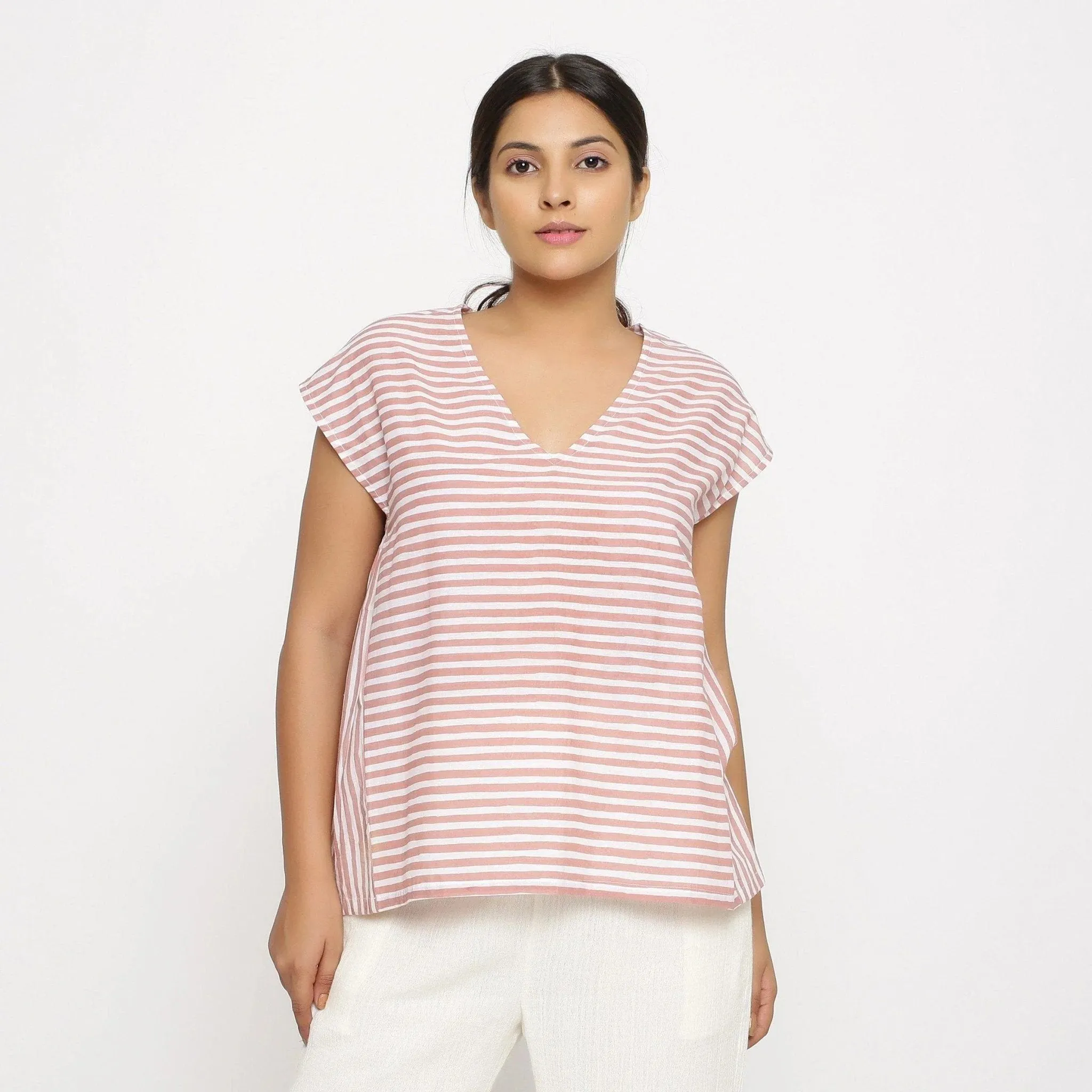 Pink and White Striped Hand Screen Print Cotton Gathered Top