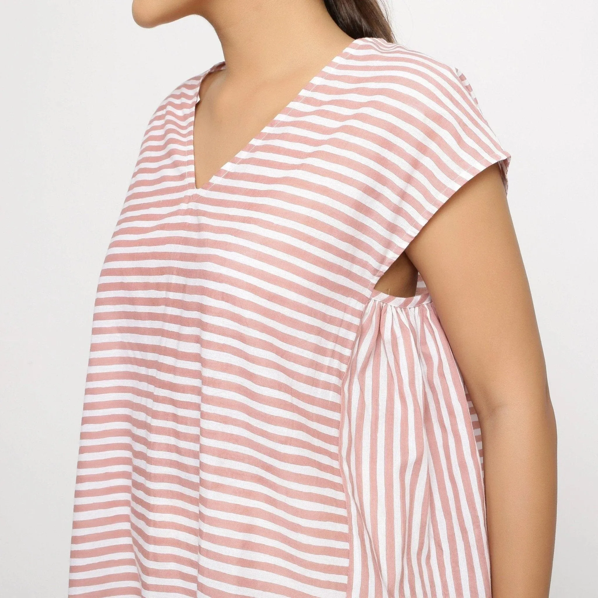 Pink and White Striped Hand Screen Print Cotton Gathered Top